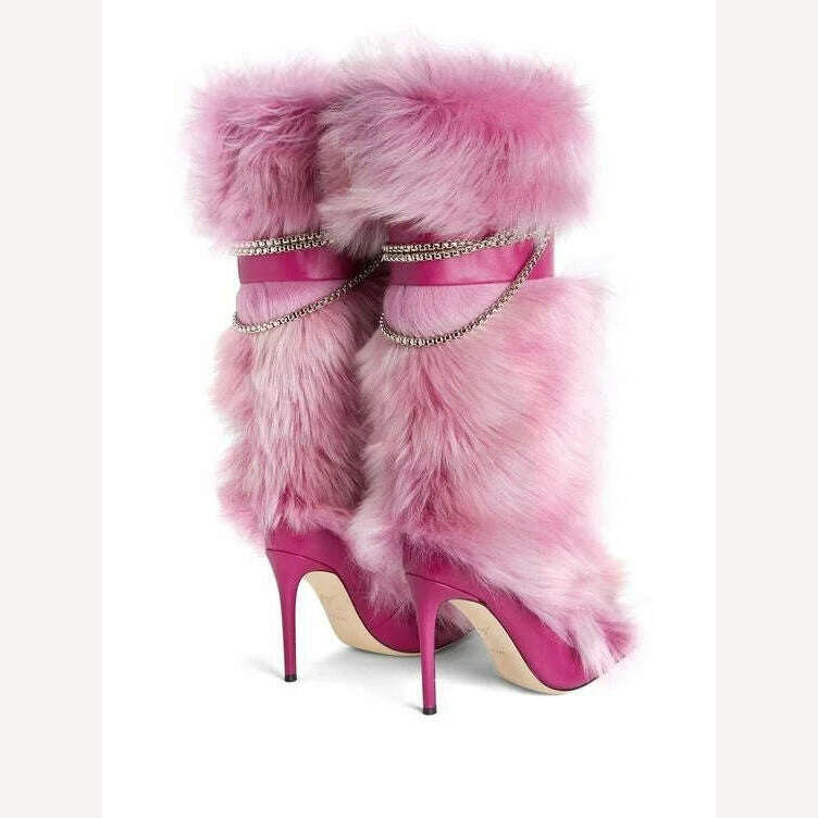 KIMLUD, Pointy Toe Knee High Fuchsia Chain Fur Boots Sexy Luxury Women Leather Thin High Heel Buckle Booties Fashion Pink Ladies Shoes, KIMLUD Womens Clothes