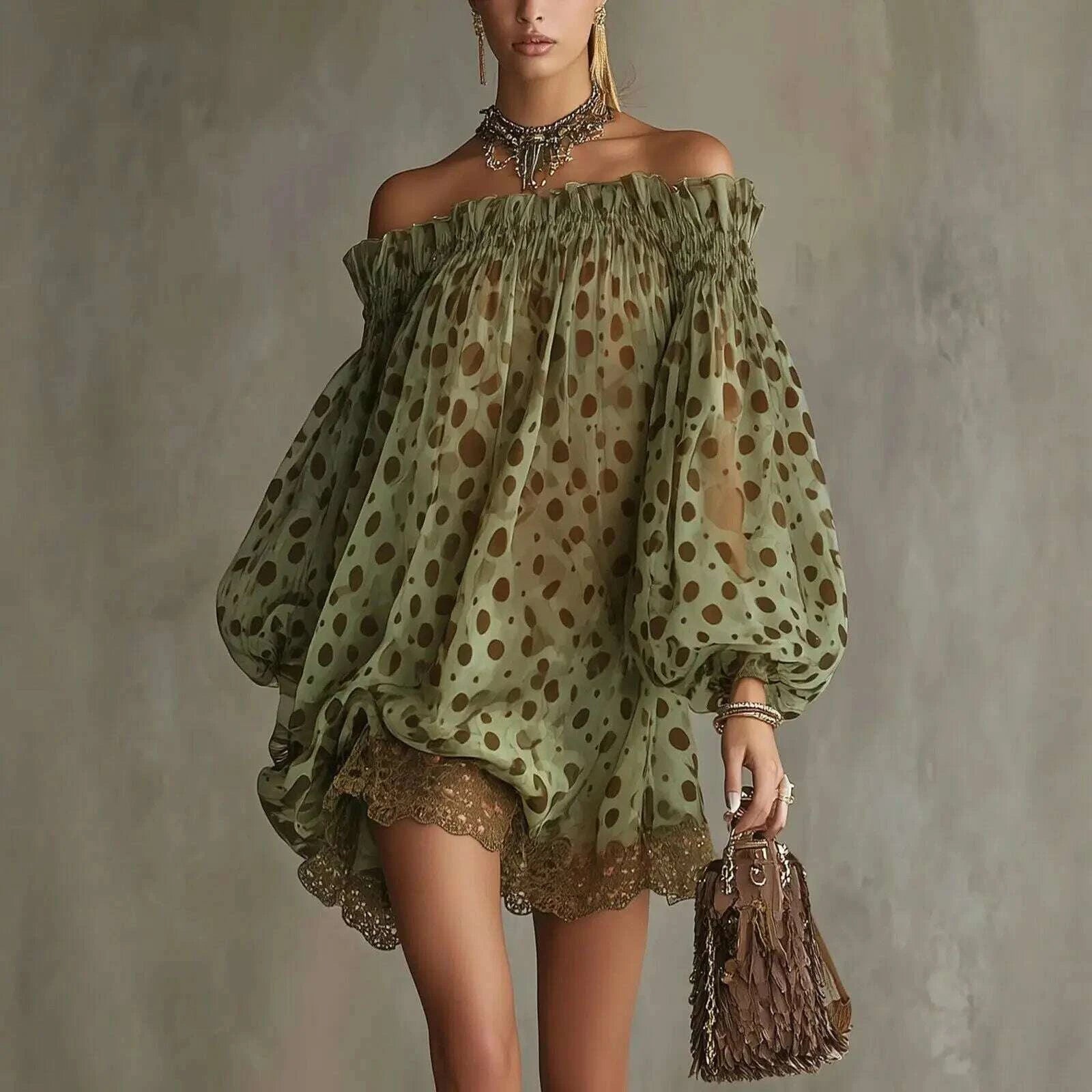 Polyester Off-Shoulder Puff Sleeve Mini Dress Olive Polka Dot | KIMLUD
