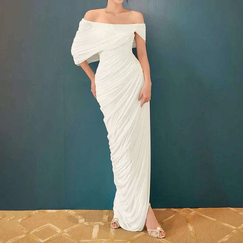 Polyester Solid One-Shoulder Maxi Dress - Black | KIMLUD