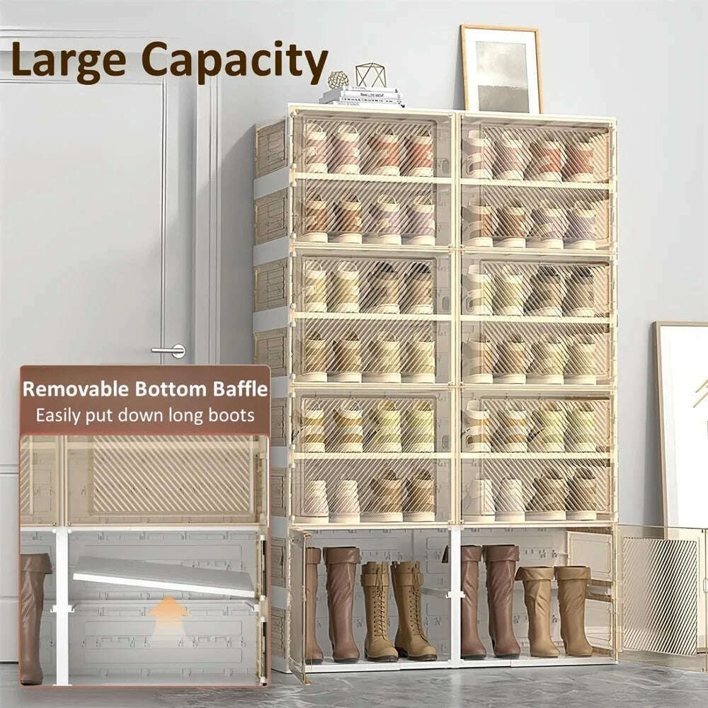 KIMLUD, Portable Folding Shoe Rack Shoe Storage Box All-in-one Sturdy Easy-to-assemble Sneaker Cabinet With Magnetic Transparent Door, KIMLUD Womens Clothes