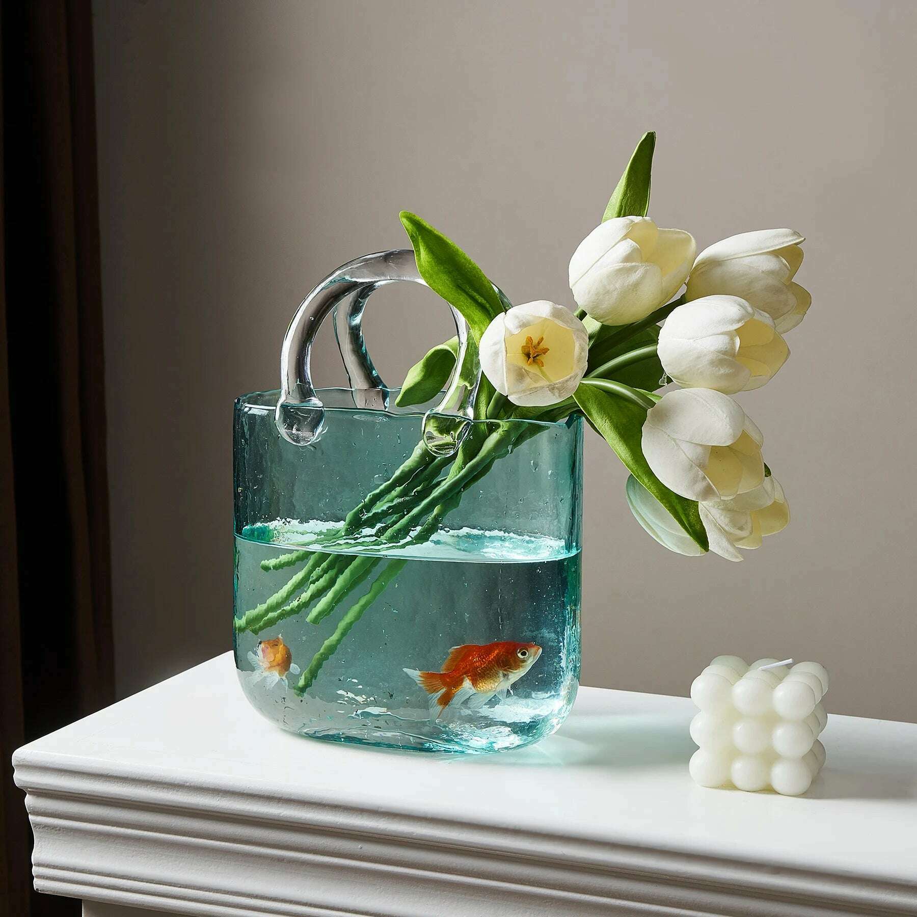 KIMLUD, Portable Glass Flower Vase Creative Fish Tank for Goldfish Beautiful Home Desktop Decoration Practical Vase LivingRoom Decor, KIMLUD Womens Clothes