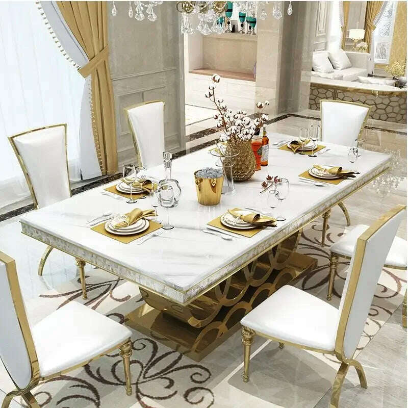 KIMLUD, Post-Modern Marble Top-Grade Dining Table And Chairs Combination Stainless Steel Top Crown Apartment Golden Carved Furniture, KIMLUD Womens Clothes