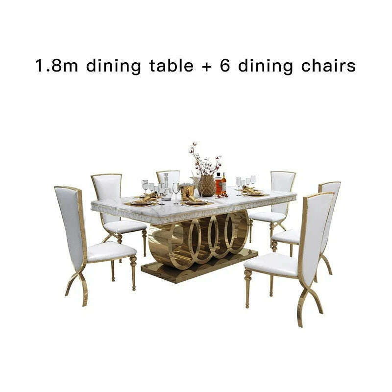 KIMLUD, Post-Modern Marble Top-Grade Dining Table And Chairs Combination Stainless Steel Top Crown Apartment Golden Carved Furniture, 1.8m table set, KIMLUD APPAREL - Womens Clothes