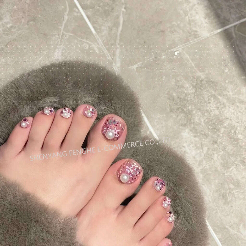 Press On Nail For Toes,Pink Stars Sequin Little Pearls Press On Nail - KIMLUD