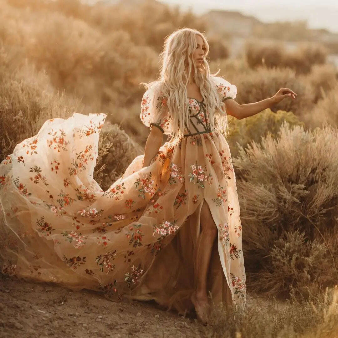 Princess Flower Prom Dress Fluffy Tulle Floral Dress With Train High Slit Elegant Women Evening Dresses Long Dress Ever Pretty - KIMLUD