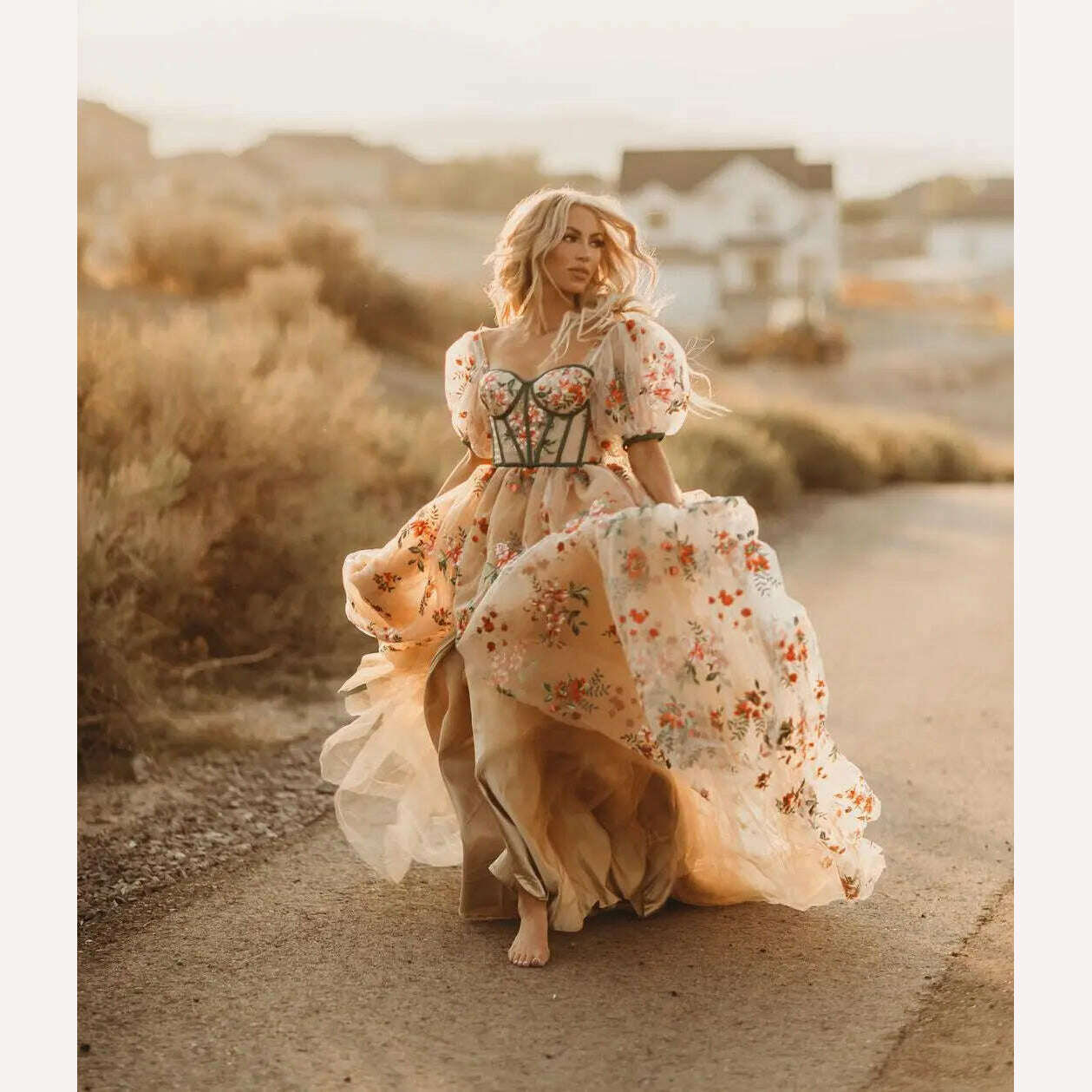 Princess Flower Prom Dress Fluffy Tulle Floral Dress With Train High Slit Elegant Women Evening Dresses Long Dress Ever Pretty - KIMLUD