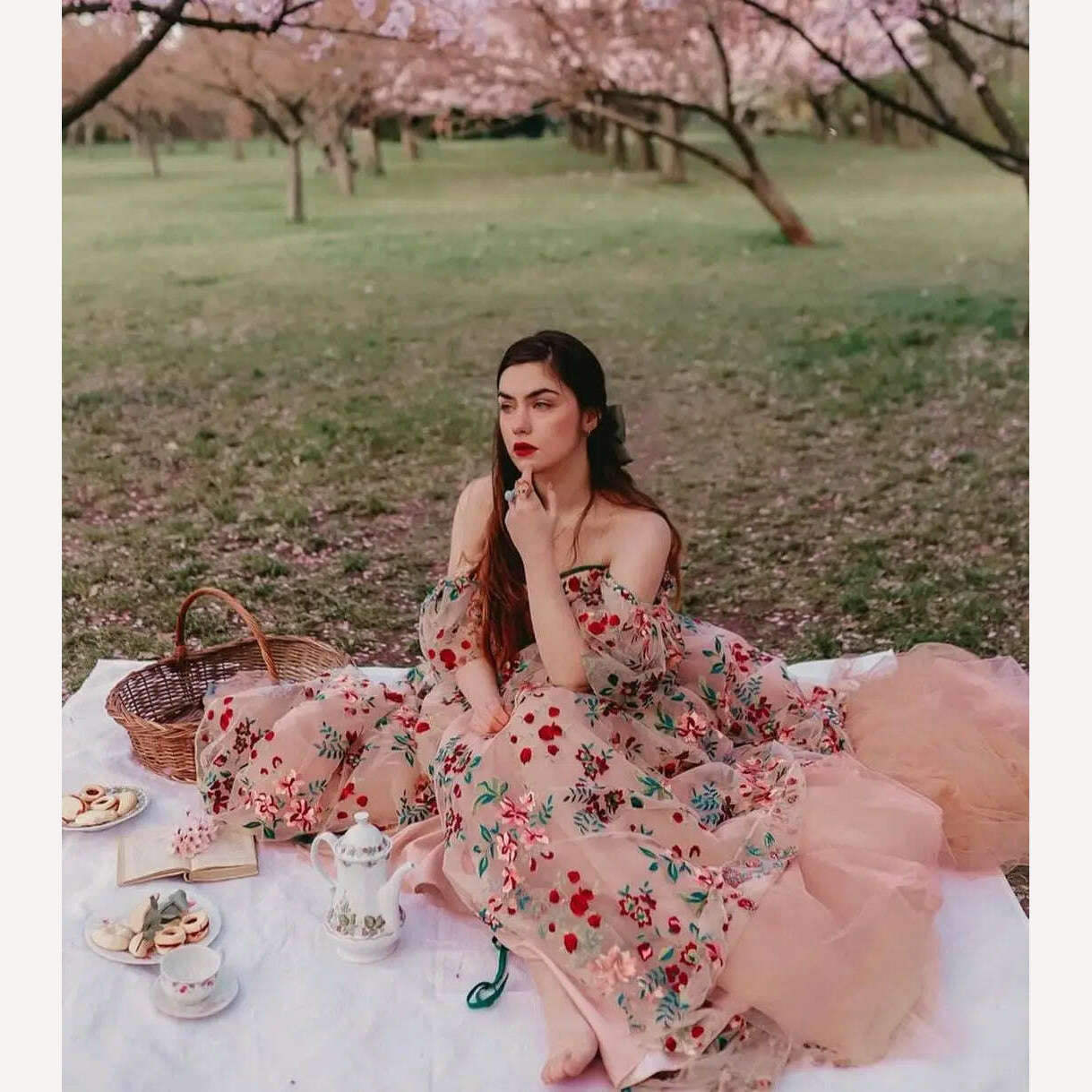 Princess Flower Prom Dress Fluffy Tulle Floral Dress With Train High Slit Elegant Women Evening Dresses Long Dress Ever Pretty - KIMLUD