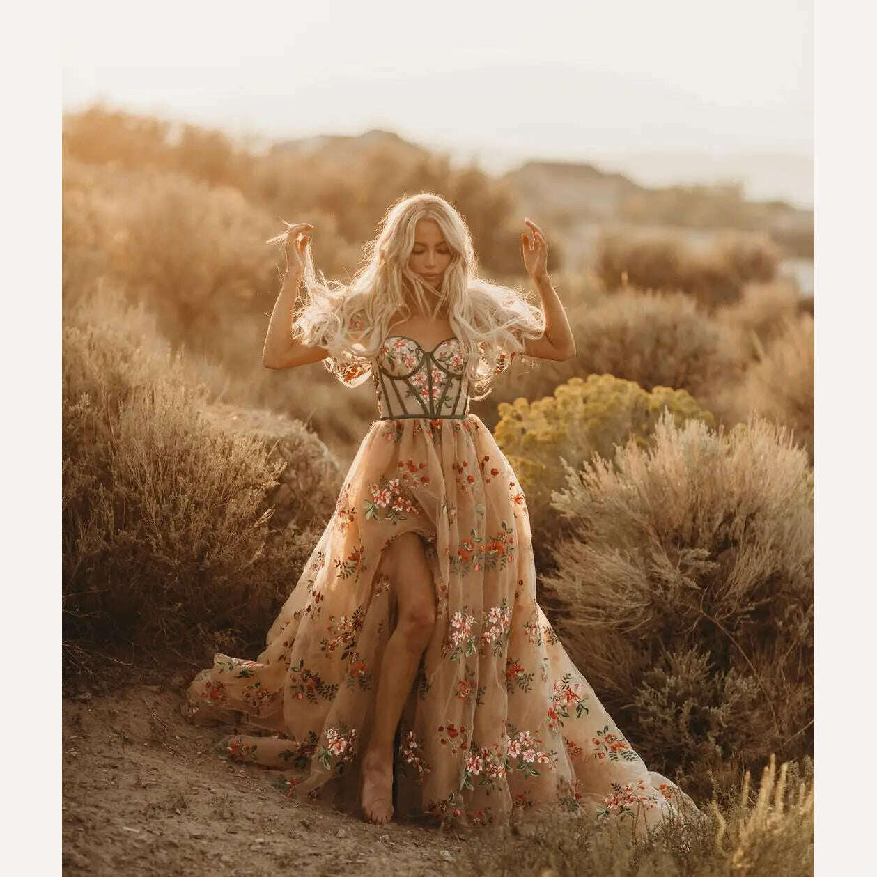 Princess Flower Prom Dress Fluffy Tulle Floral Dress With Train High Slit Elegant Women Evening Dresses Long Dress Ever Pretty - KIMLUD