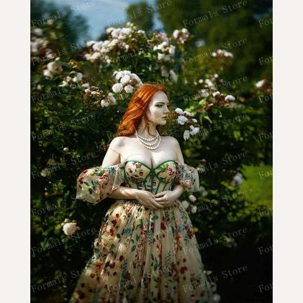 Princess Flower Prom Dress Fluffy Tulle Floral Dress With Train High Slit Elegant Women Evening Dresses Long Dress Ever Pretty - KIMLUD