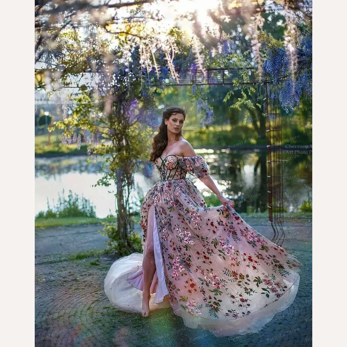 KIMLUD, Princess Flower Prom Dress Fluffy Tulle Floral Dress With Train High Slit Elegant Women Evening Dresses Long Dress Ever Pretty, KIMLUD Womens Clothes