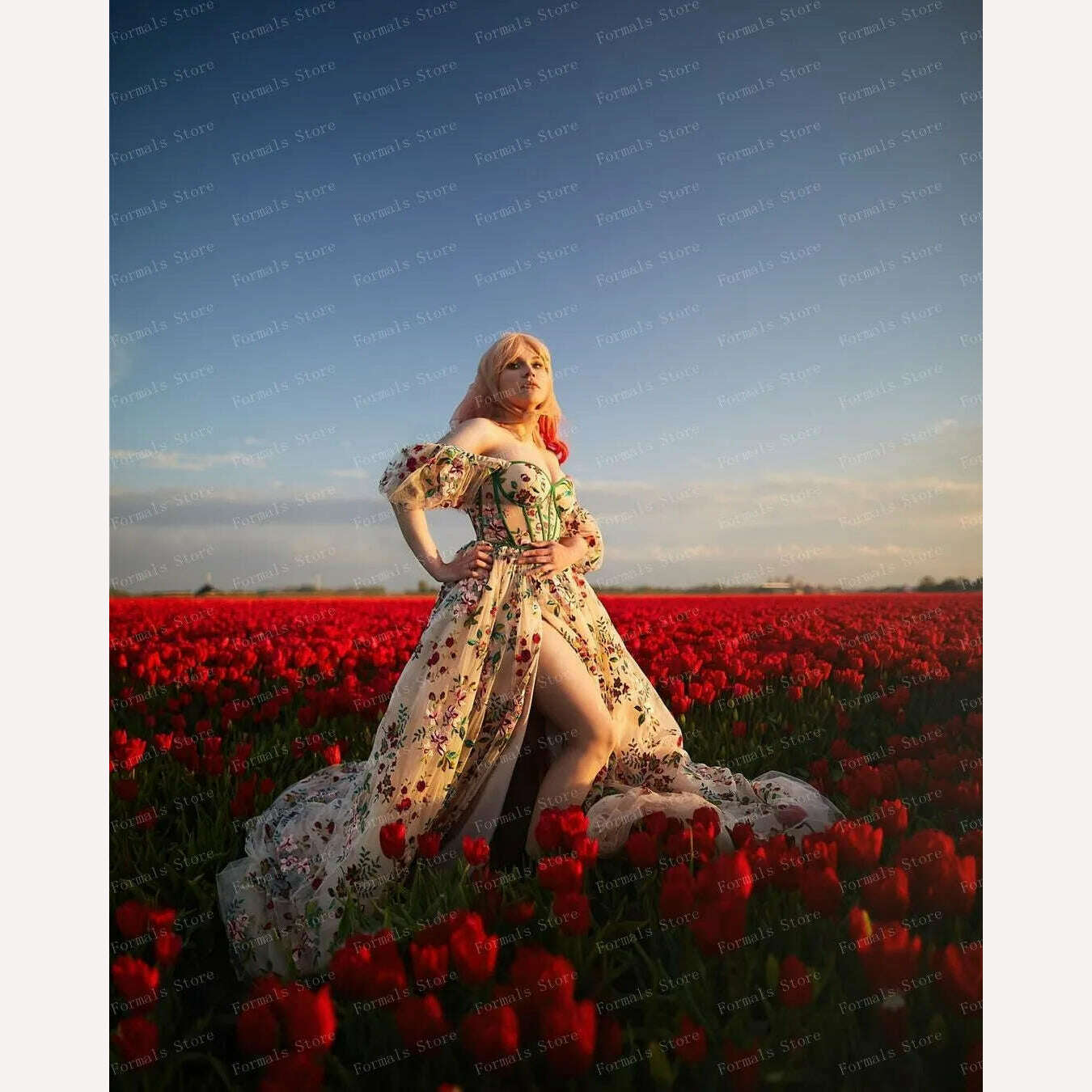 Princess Flower Prom Dress Fluffy Tulle Floral Dress With Train High Slit Elegant Women Evening Dresses Long Dress Ever Pretty - KIMLUD