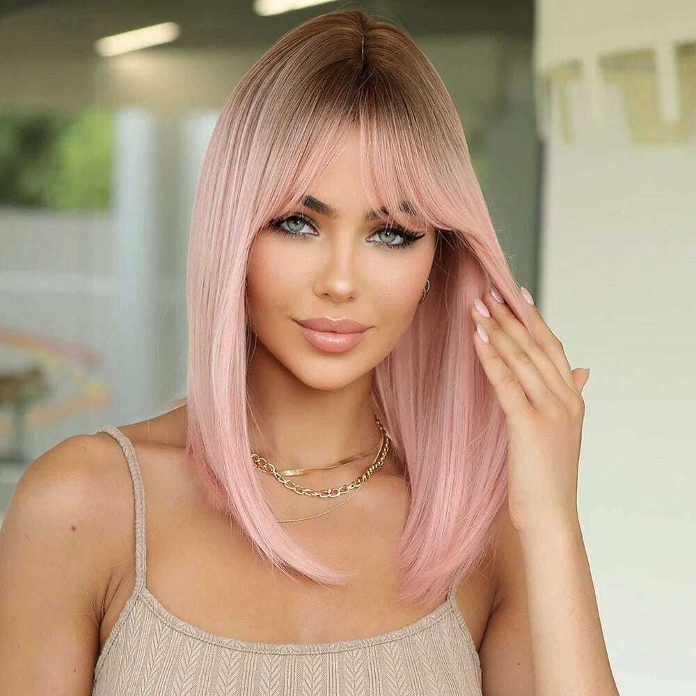 KIMLUD, 14" Soft Straight Pink Wig With Dark Roots Synthetic Wigs With Bangs Female Bob Wigs For Women Daily Party Cosplay Use, KIMLUD Womens Clothes