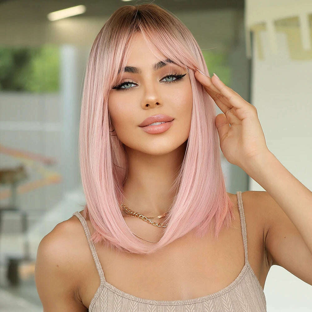 KIMLUD, 14" Soft Straight Pink Wig With Dark Roots Synthetic Wigs With Bangs Female Bob Wigs For Women Daily Party Cosplay Use, KIMLUD Womens Clothes