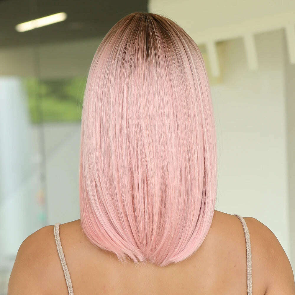 KIMLUD, 14" Soft Straight Pink Wig With Dark Roots Synthetic Wigs With Bangs Female Bob Wigs For Women Daily Party Cosplay Use, KIMLUD Womens Clothes