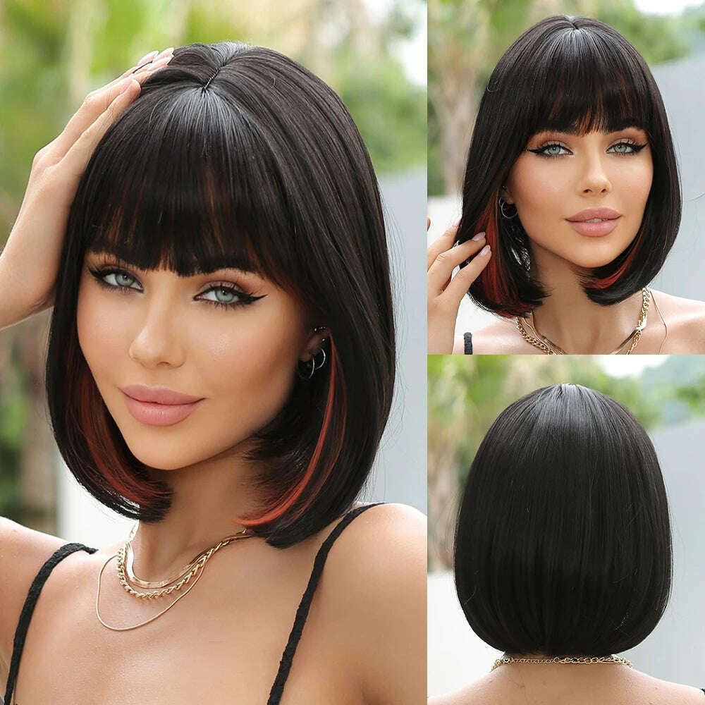 KIMLUD, 14" Soft Straight Pink Wig With Dark Roots Synthetic Wigs With Bangs Female Bob Wigs For Women Daily Party Cosplay Use, 8504, KIMLUD APPAREL - Womens Clothes