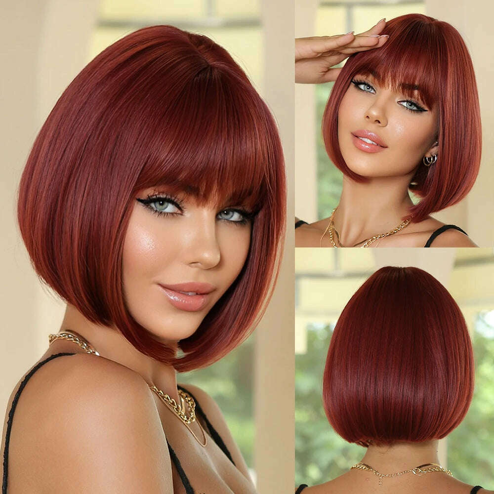 KIMLUD, 14" Soft Straight Pink Wig With Dark Roots Synthetic Wigs With Bangs Female Bob Wigs For Women Daily Party Cosplay Use, 8527, KIMLUD APPAREL - Womens Clothes