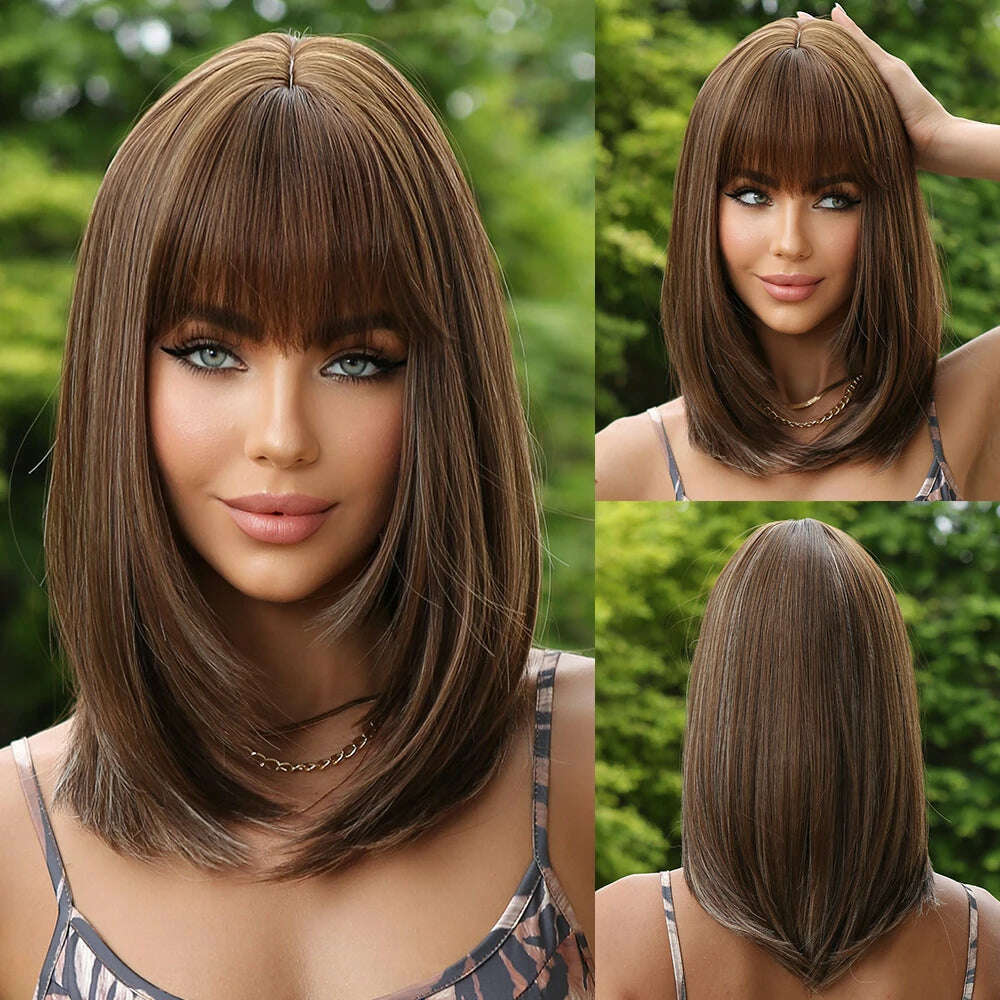 KIMLUD, 14" Soft Straight Pink Wig With Dark Roots Synthetic Wigs With Bangs Female Bob Wigs For Women Daily Party Cosplay Use, 8508, KIMLUD APPAREL - Womens Clothes