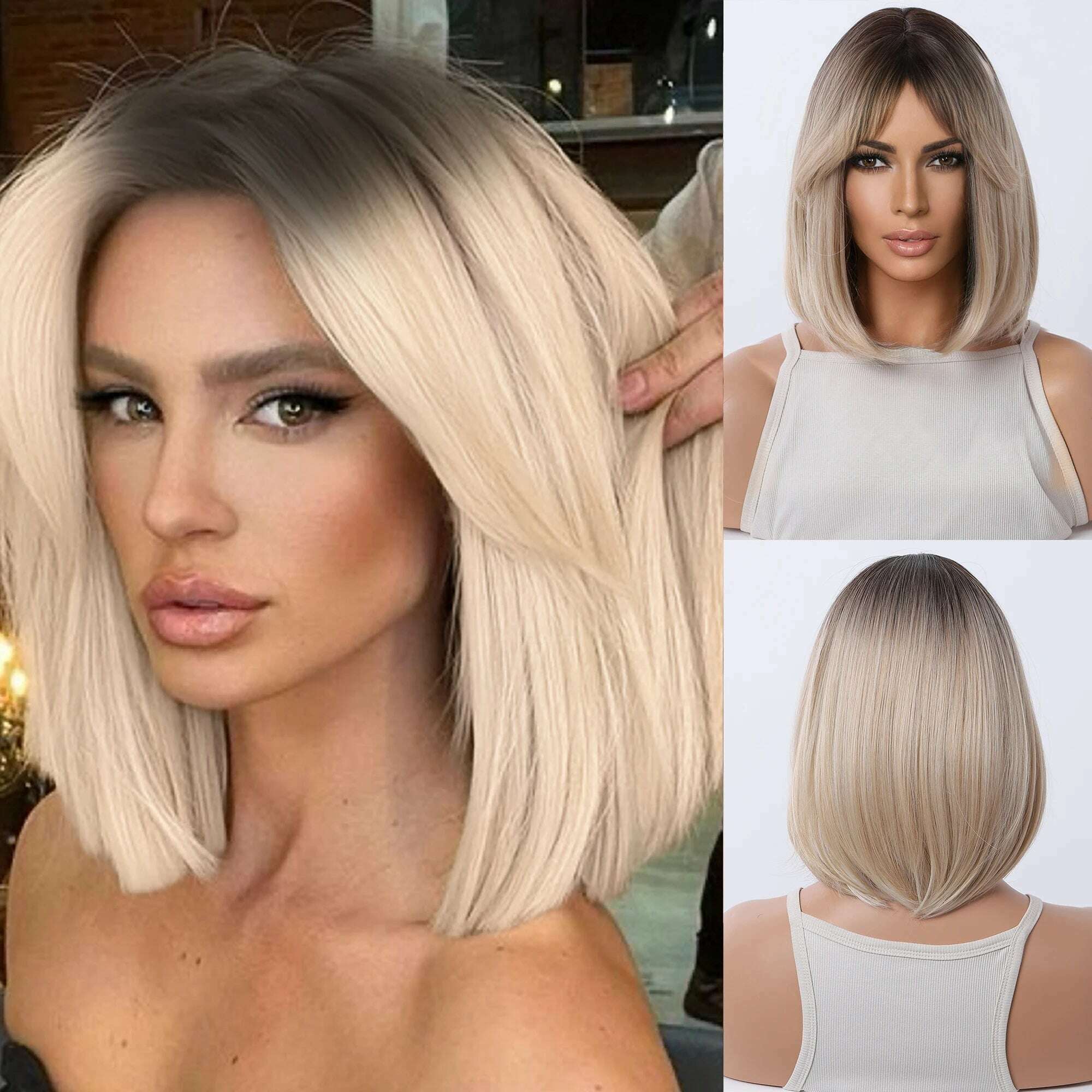 KIMLUD, 14" Soft Straight Pink Wig With Dark Roots Synthetic Wigs With Bangs Female Bob Wigs For Women Daily Party Cosplay Use, 167, KIMLUD APPAREL - Womens Clothes