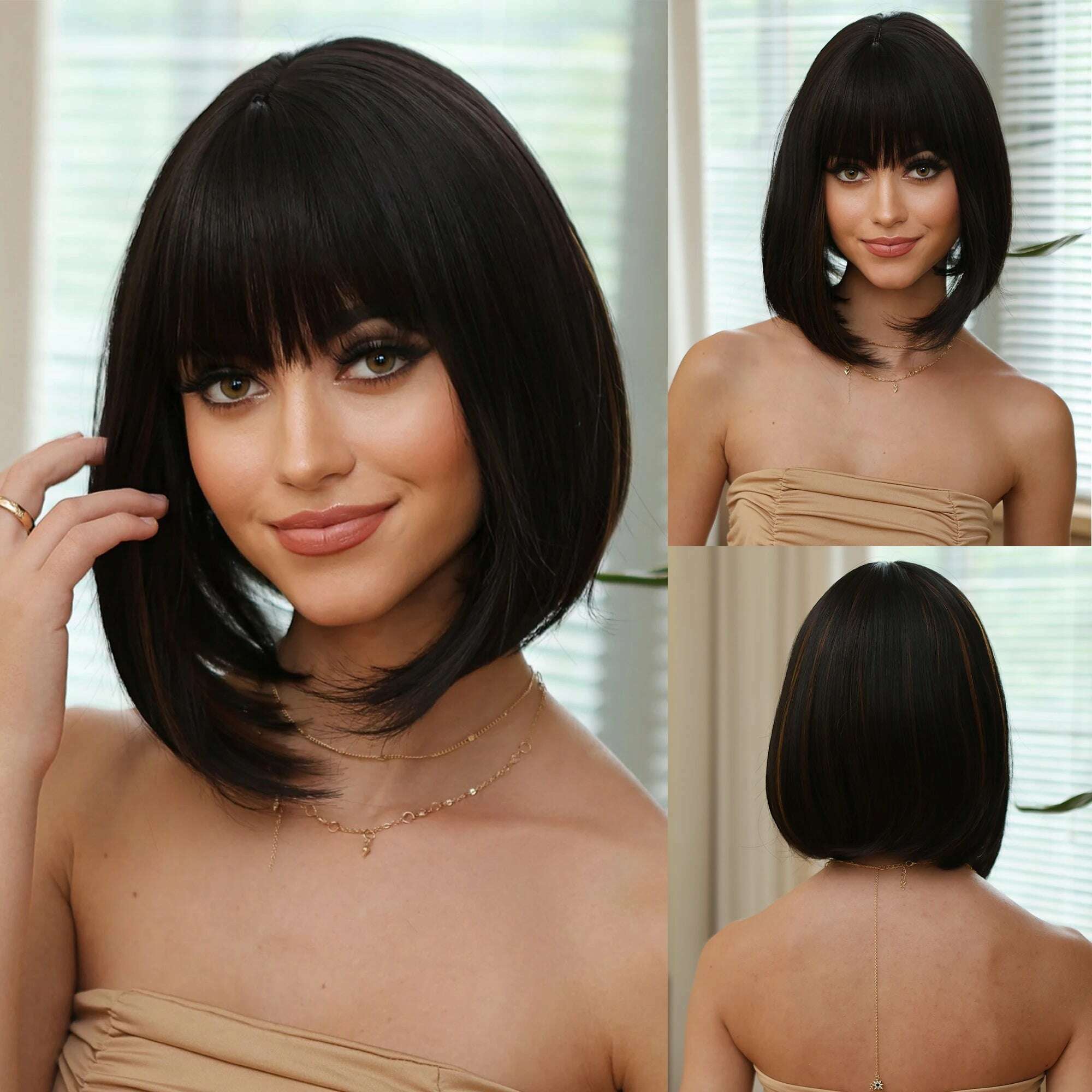 KIMLUD, 14" Soft Straight Pink Wig With Dark Roots Synthetic Wigs With Bangs Female Bob Wigs For Women Daily Party Cosplay Use, 018, KIMLUD APPAREL - Womens Clothes