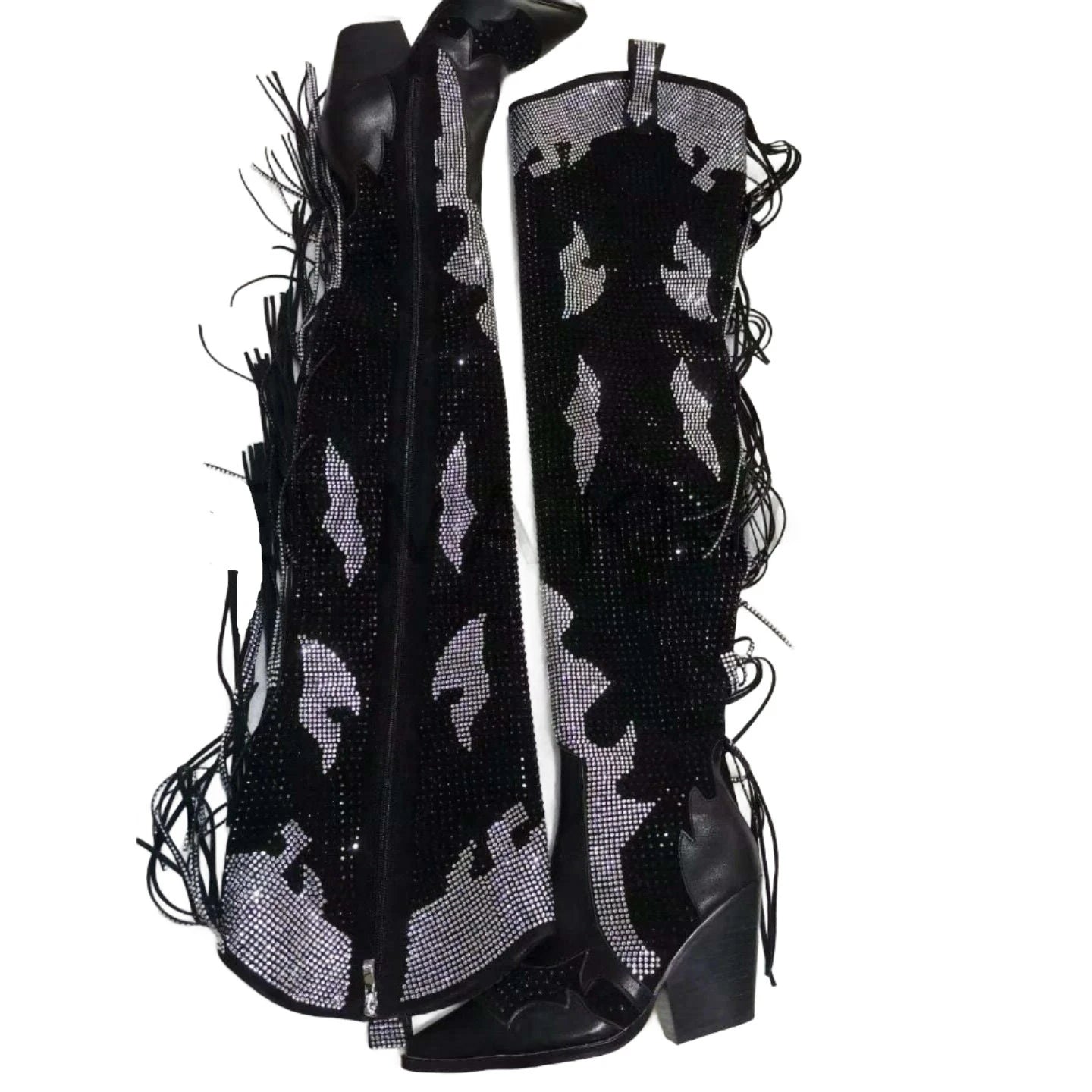 KIMLUD, 2022 Women Blingbling Over The Knee Boots Lady Tassel Long Boots Black Crystal High Heels Shoes Chelsea Boots Women's Stage Boot, KIMLUD Womens Clothes