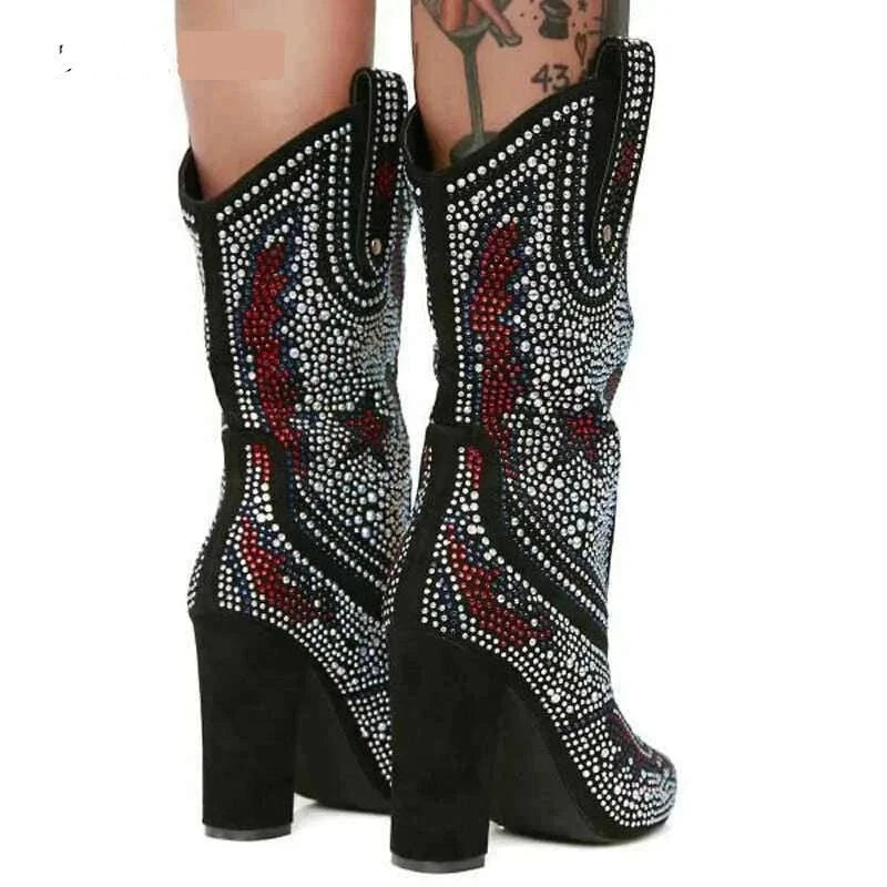 KIMLUD, 2023 Winter Autumn Pointed Boots Women Sexy Rhinestone Western Cowboy Suede Crystal Boots Black Chunky High Heels Women's Shoes, KIMLUD Women's Clothes