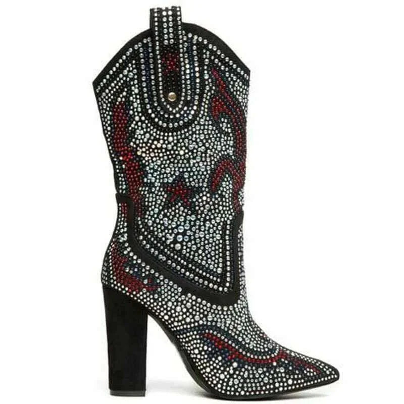 KIMLUD, 2023 Winter Autumn Pointed Boots Women Sexy Rhinestone Western Cowboy Suede Crystal Boots Black Chunky High Heels Women's Shoes, KIMLUD Women's Clothes