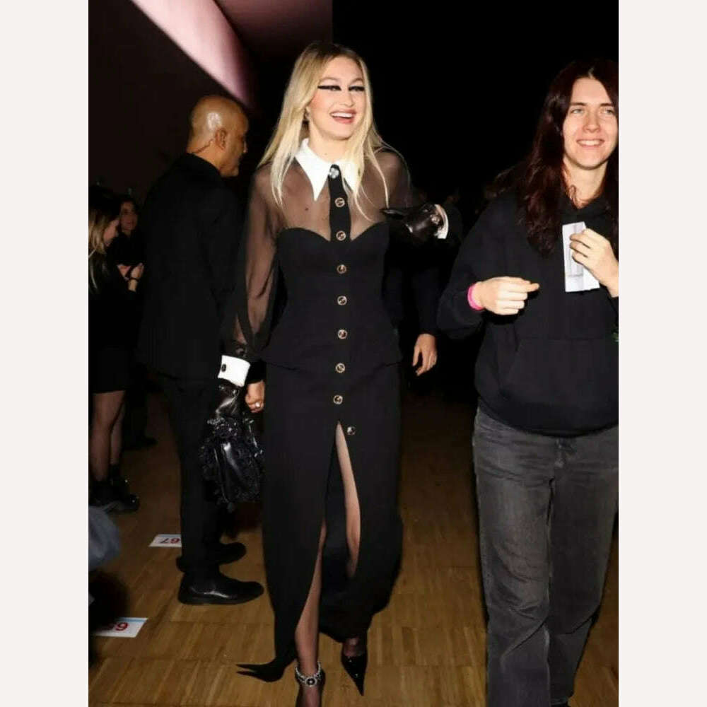 2024 New Golden Buttons White Collar Mesh Patchwork Bandage Long Dress Elegant Woman Evening Party Dress Fashion Party Outfit - KIMLUD