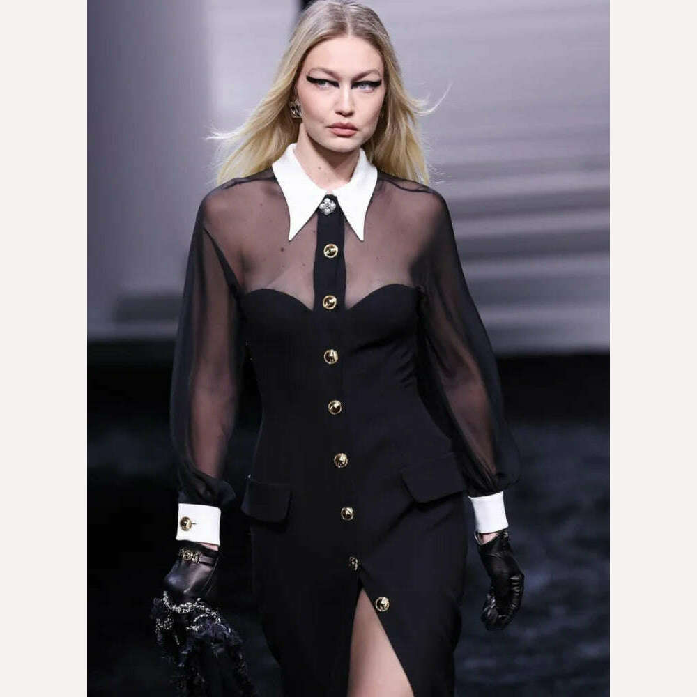 2024 New Golden Buttons White Collar Mesh Patchwork Bandage Long Dress Elegant Woman Evening Party Dress Fashion Party Outfit - KIMLUD