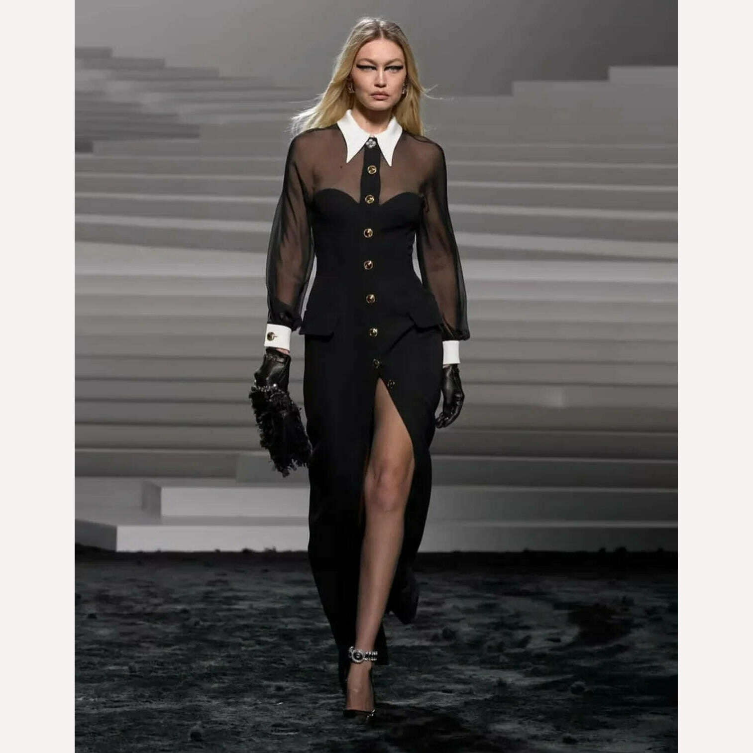 2024 New Golden Buttons White Collar Mesh Patchwork Bandage Long Dress Elegant Woman Evening Party Dress Fashion Party Outfit - KIMLUD