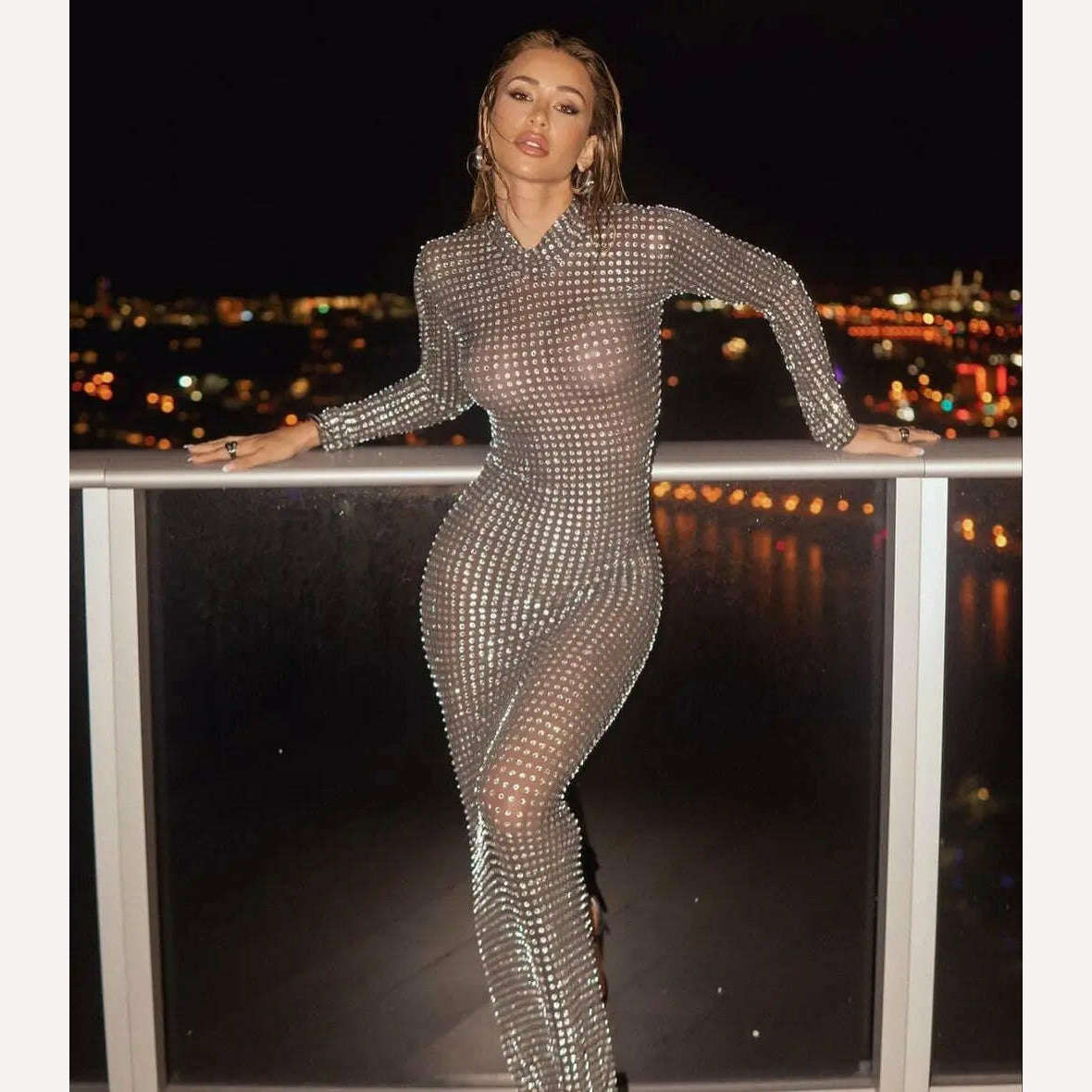 KIMLUD, 2024 Super Shining Diamonds Sexy Mesh See Through Bodycon Long Dress Fashion Woman Evening Party Dress Stage Performance Costume, GRAY / S, KIMLUD Womens Clothes