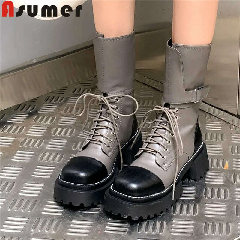 KIMLUD, ASUMER 2023 New Genuine Leather Mixed Colors Boots Woman Lace Up Winter Ladies Mid Calf Boots Thick High Heels Platform Shoes, KIMLUD Women's Clothes