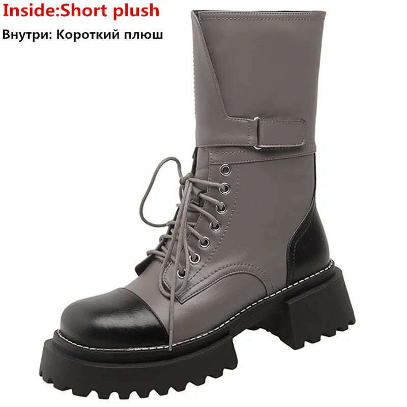 KIMLUD, ASUMER 2023 New Genuine Leather Mixed Colors Boots Woman Lace Up Winter Ladies Mid Calf Boots Thick High Heels Platform Shoes, grey with fur / 3 / China, KIMLUD Womens Clothes
