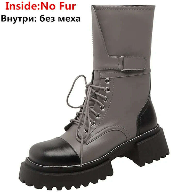 KIMLUD, ASUMER 2023 New Genuine Leather Mixed Colors Boots Woman Lace Up Winter Ladies Mid Calf Boots Thick High Heels Platform Shoes, grey no fur / 3 / China, KIMLUD Womens Clothes