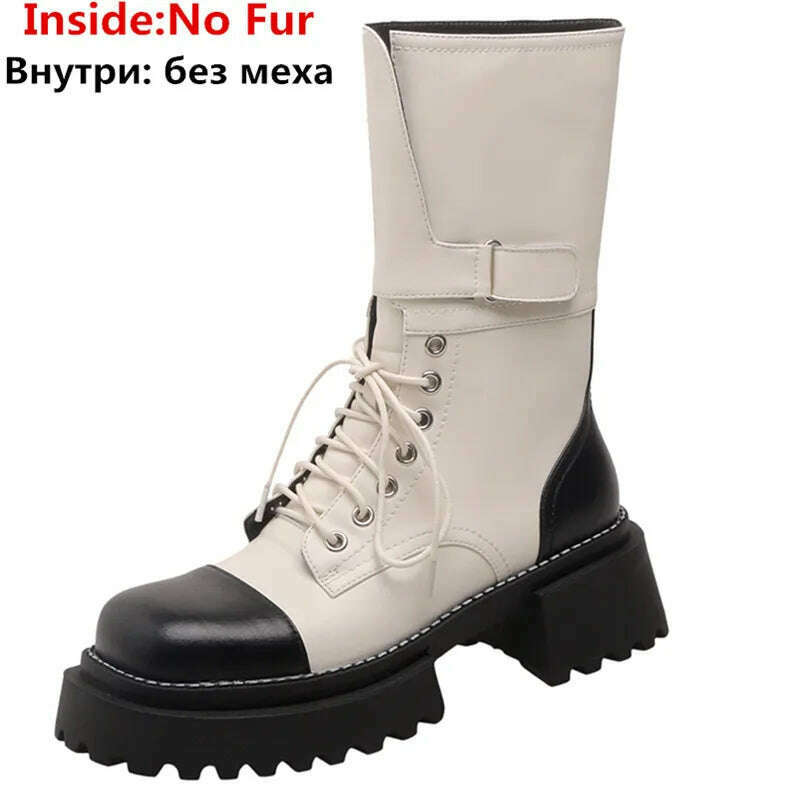 KIMLUD, ASUMER 2023 New Genuine Leather Mixed Colors Boots Woman Lace Up Winter Ladies Mid Calf Boots Thick High Heels Platform Shoes, white no fur / 3 / China, KIMLUD Womens Clothes
