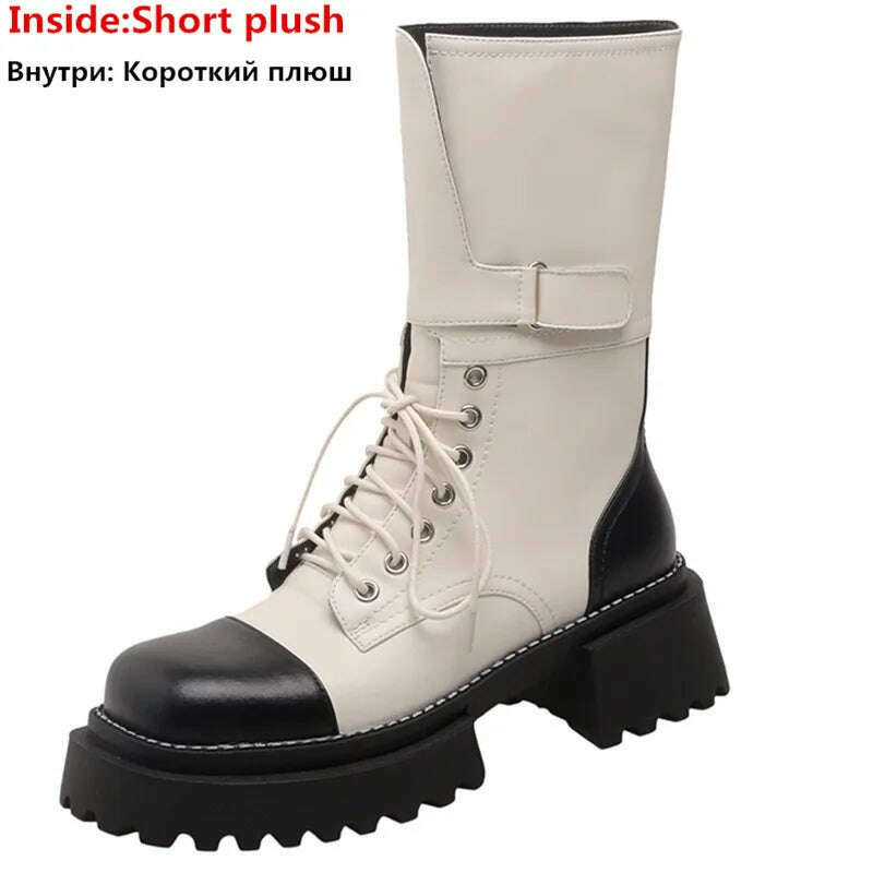 KIMLUD, ASUMER 2023 New Genuine Leather Mixed Colors Boots Woman Lace Up Winter Ladies Mid Calf Boots Thick High Heels Platform Shoes, white with fur / 3 / China, KIMLUD Womens Clothes