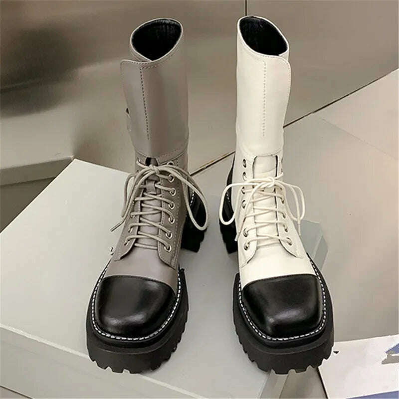 KIMLUD, ASUMER 2023 New Genuine Leather Mixed Colors Boots Woman Lace Up Winter Ladies Mid Calf Boots Thick High Heels Platform Shoes, KIMLUD Womens Clothes