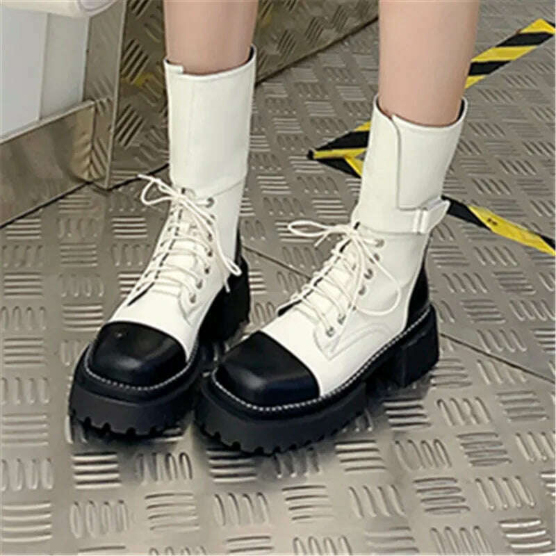 KIMLUD, ASUMER 2023 New Genuine Leather Mixed Colors Boots Woman Lace Up Winter Ladies Mid Calf Boots Thick High Heels Platform Shoes, KIMLUD Womens Clothes
