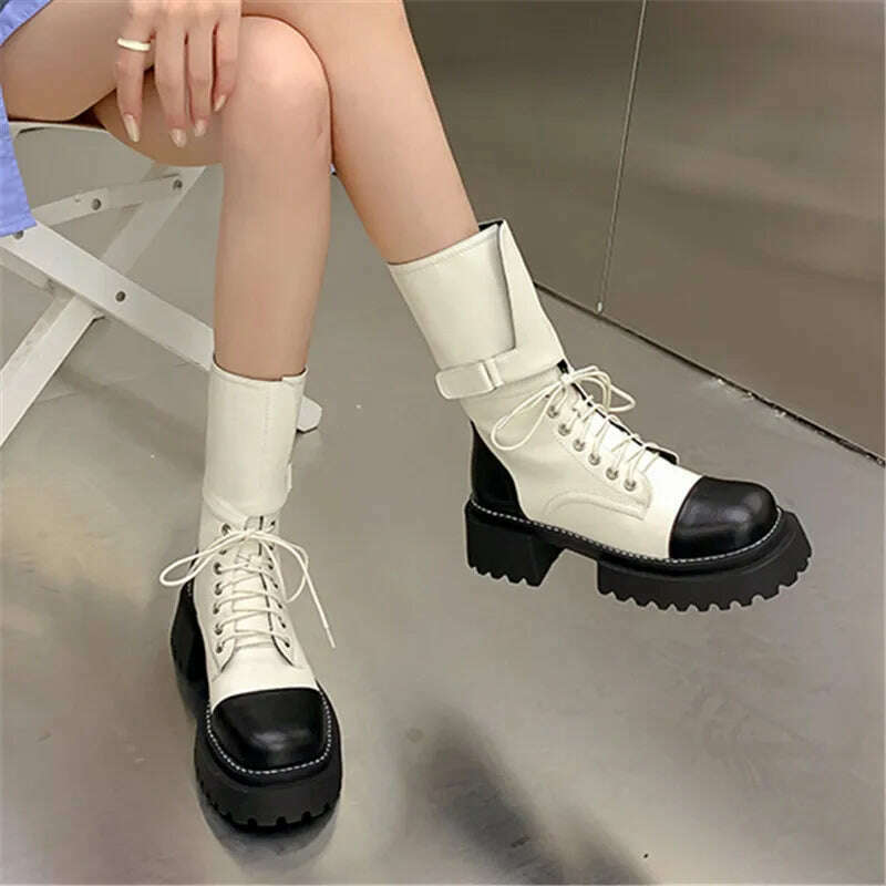 KIMLUD, ASUMER 2023 New Genuine Leather Mixed Colors Boots Woman Lace Up Winter Ladies Mid Calf Boots Thick High Heels Platform Shoes, KIMLUD Womens Clothes