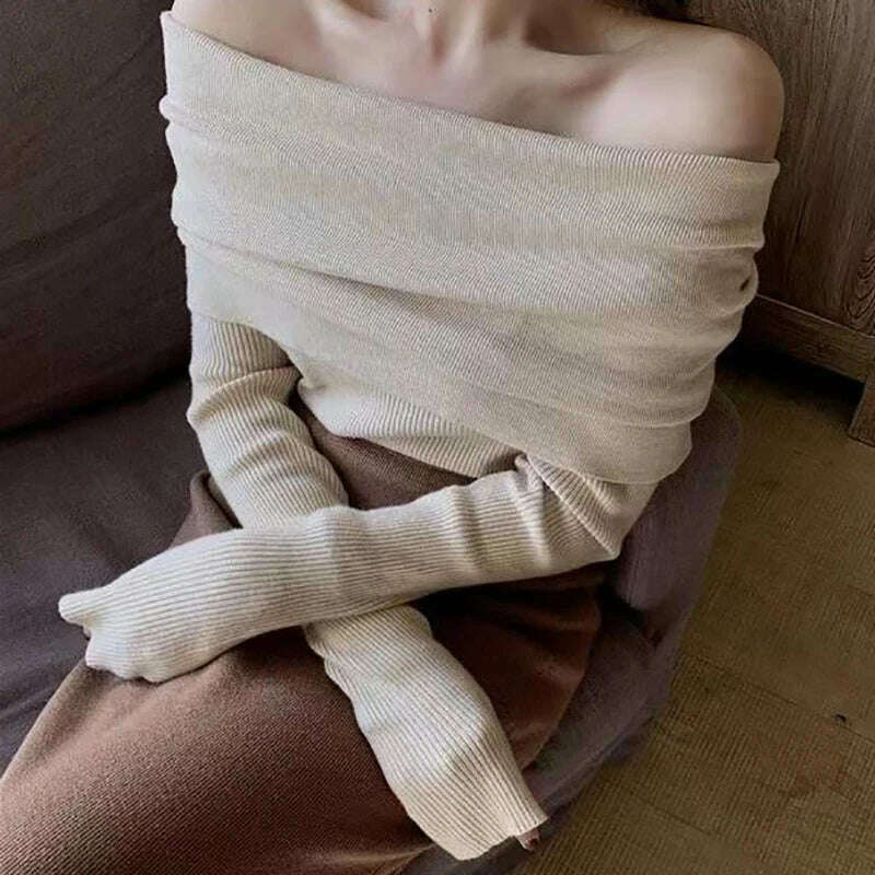 Autumn Sexy Women Long Sleeve Sweater Solid Knit Slash Neck Sweater Slim Off Shoulder Thin Pullovers Casual Office Topsv Winter - KIMLUD
