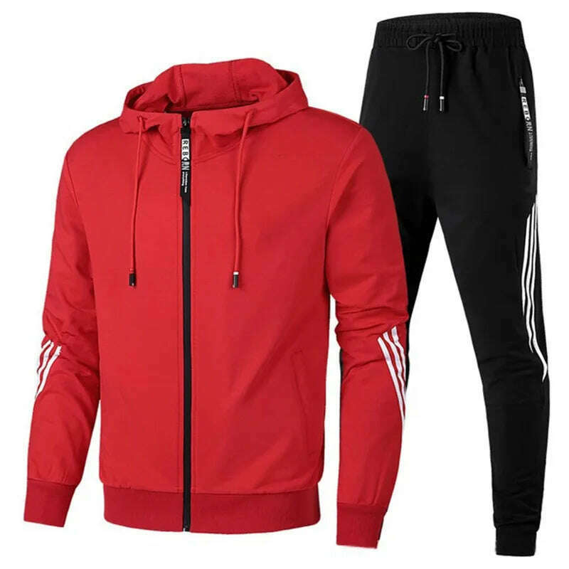 KIMLUD, Brand Men Tracksuit 2 Pieces Men's Winter Jacket Casual Zipper Jackets Sportswear+Pants Sweatshirt Sports Suit Men Sets Clothing, red black / XXXL, KIMLUD Womens Clothes