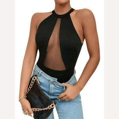KIMLUD, Contrast Mesh Halter Neck Bodysuit, Casual Sleeveless One Piece Bodysuit, Women's Clothing, Blue / L, KIMLUD APPAREL - Womens Clothes