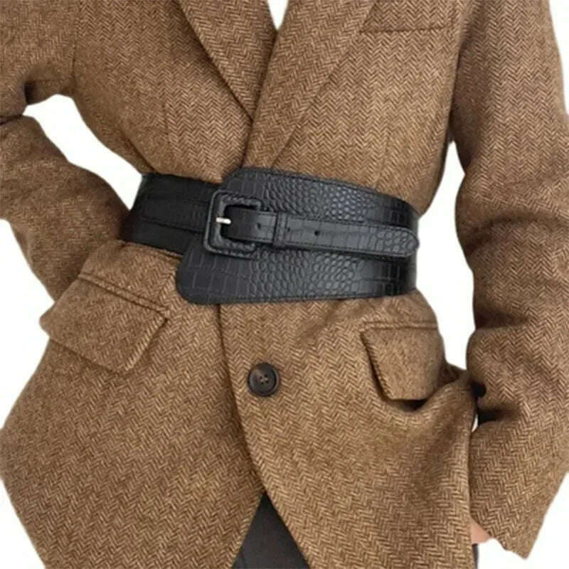 KIMLUD, Crocodile Pattern PU Leather Wide Belt Women Coat Dress Corset Accessories 2023 Fashion Luxury Designer Cummerbunds for Female, KIMLUD Womens Clothes