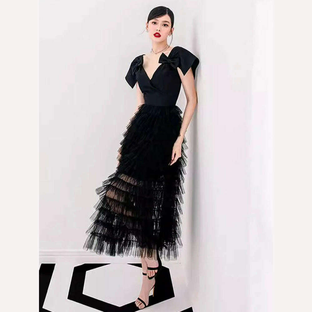 DEAT Elegant Dress Stack Mesh High Waist Bowkont A Line V Neck Cross Women's Party Dresses 2024 Summer New Fashion 13DB7004 - KIMLUD