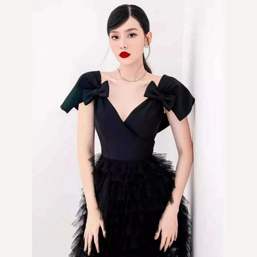 DEAT Elegant Dress Stack Mesh High Waist Bowkont A Line V Neck Cross Women's Party Dresses 2024 Summer New Fashion 13DB7004 - KIMLUD