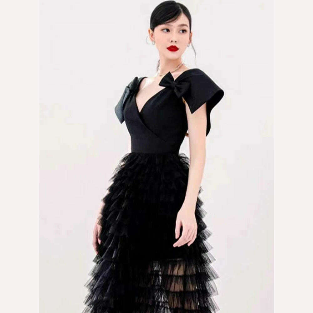 DEAT Elegant Dress Stack Mesh High Waist Bowkont A Line V Neck Cross Women's Party Dresses 2024 Summer New Fashion 13DB7004 - KIMLUD