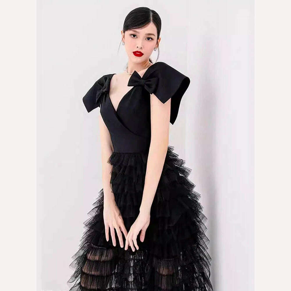 DEAT Elegant Dress Stack Mesh High Waist Bowkont A Line V Neck Cross Women's Party Dresses 2024 Summer New Fashion 13DB7004 - KIMLUD