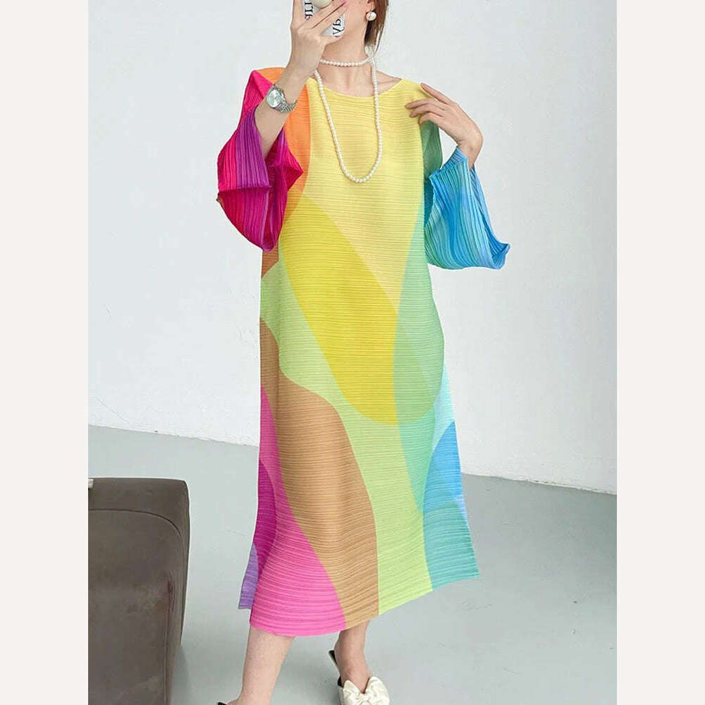 DEAT Pleated Color Block Dress Full Lantern Sleeve Round Collar A Line Loose Evening Party Clothing Elegant New 2023 15KB4476 - KIMLUD