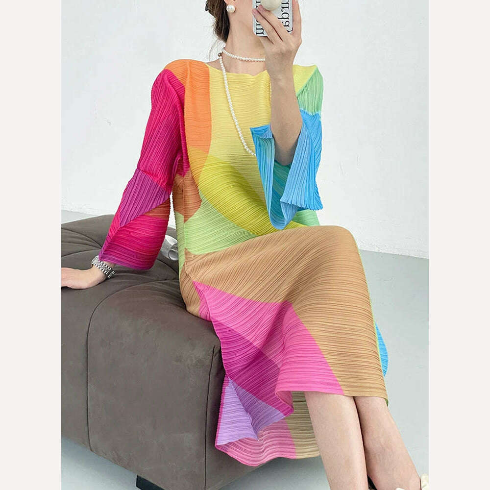 DEAT Pleated Color Block Dress Full Lantern Sleeve Round Collar A Line Loose Evening Party Clothing Elegant New 2023 15KB4476 - KIMLUD
