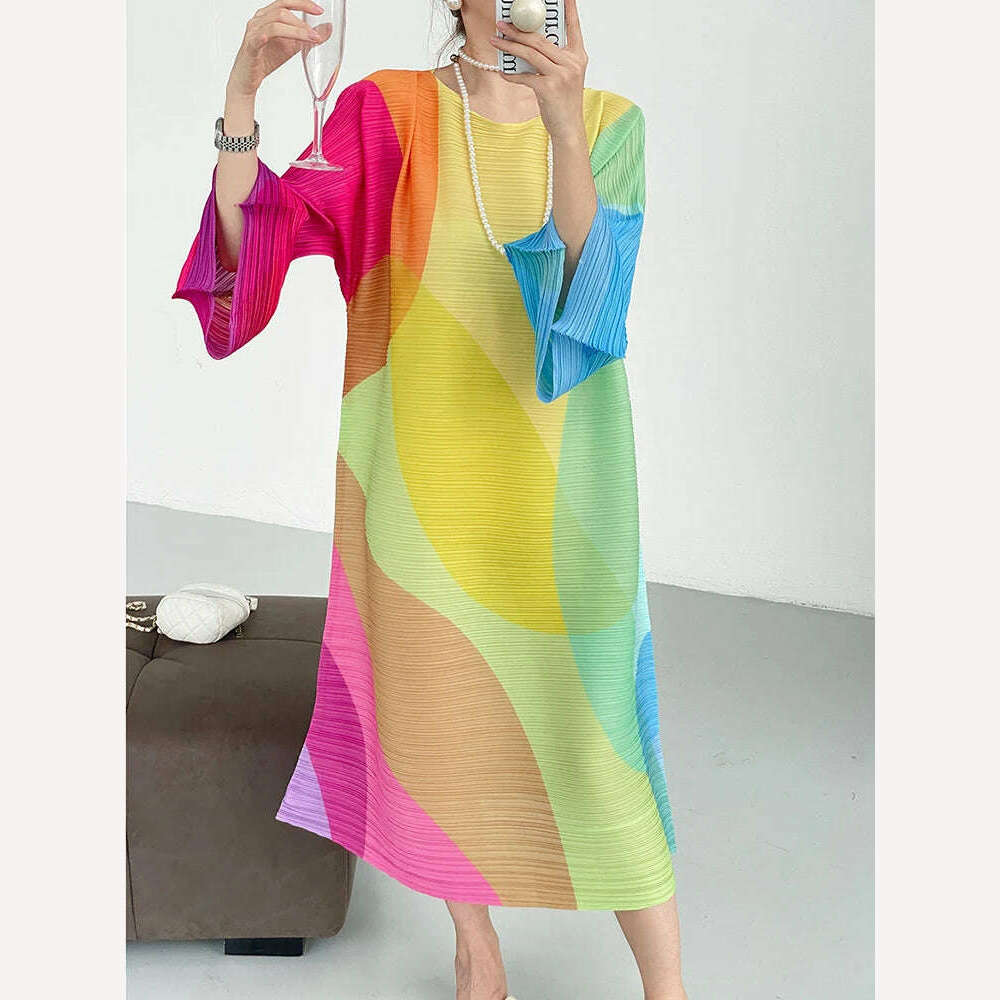 DEAT Pleated Color Block Dress Full Lantern Sleeve Round Collar A Line Loose Evening Party Clothing Elegant New 2023 15KB4476 - KIMLUD