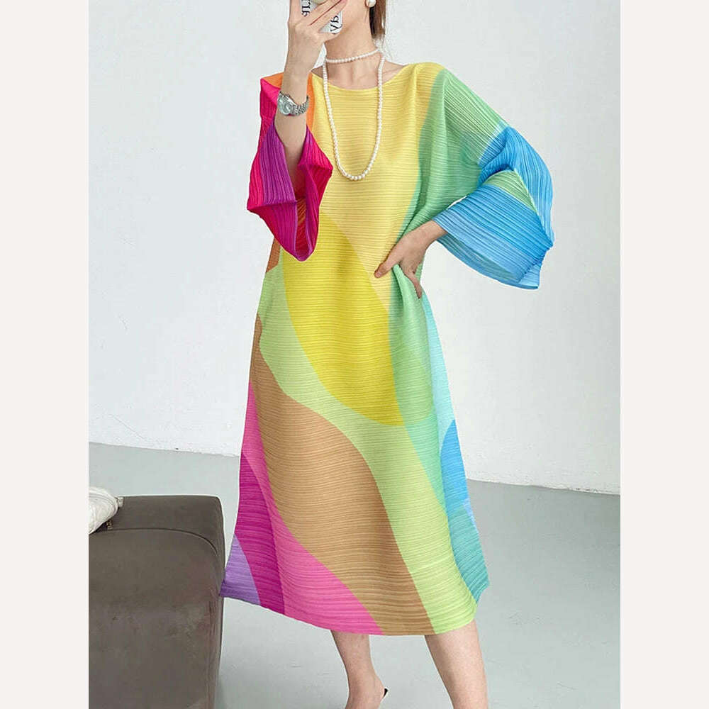 DEAT Pleated Color Block Dress Full Lantern Sleeve Round Collar A Line Loose Evening Party Clothing Elegant New 2023 15KB4476 - KIMLUD
